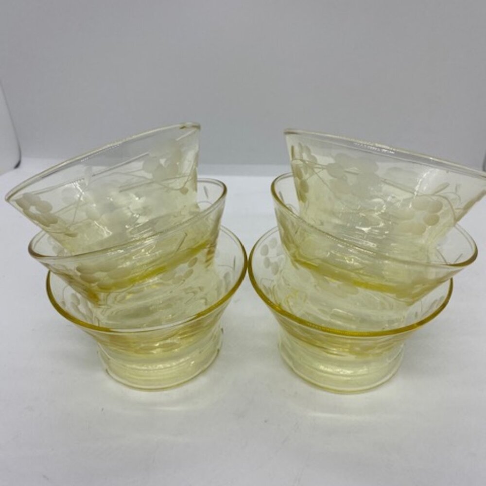 Vintage Depression Glass Yellow Glass Etched Fruit Cups Set of 6